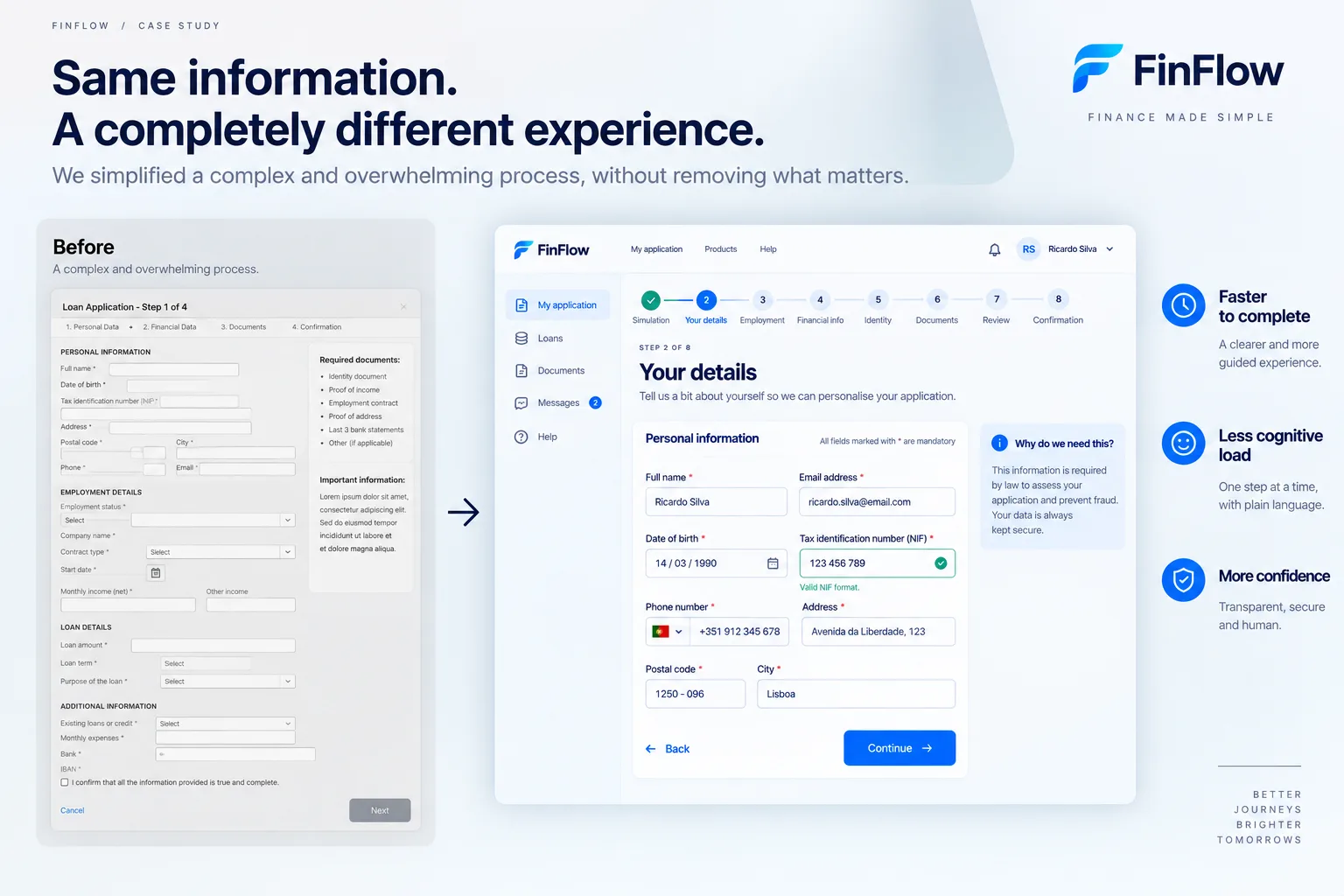 Comparação conceptual entre a exploração inicial do FinFlow e a versão refinada da mesma interface.