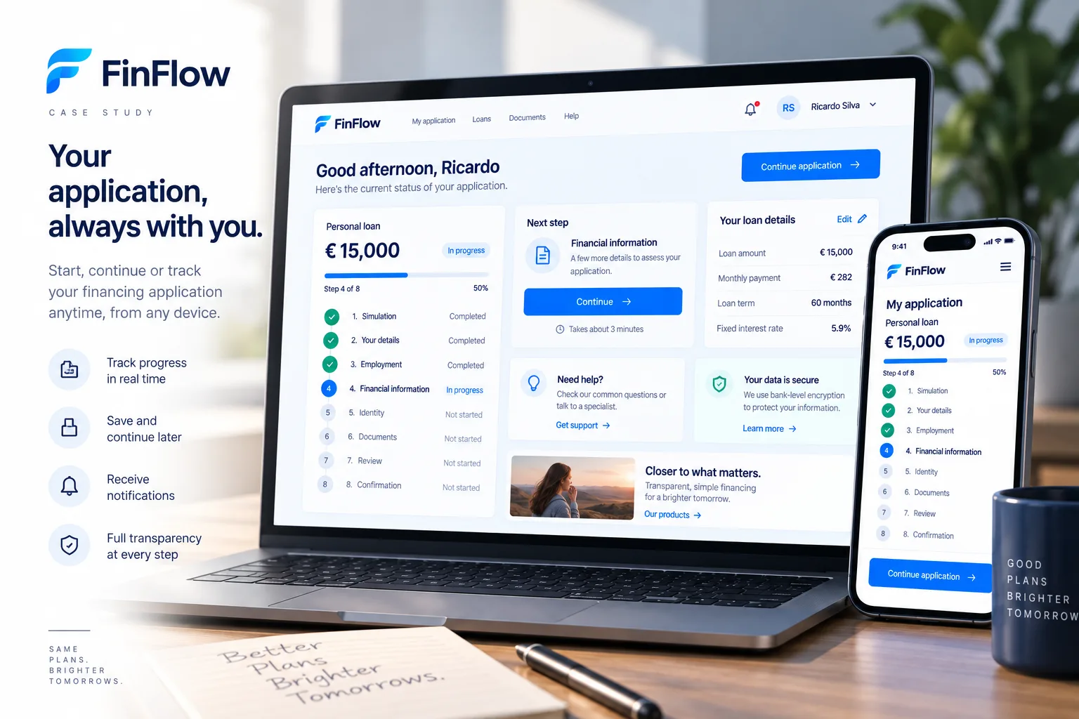 Dashboard FinFlow “Your application, always with you” num portátil, com a versão móvel ao lado.