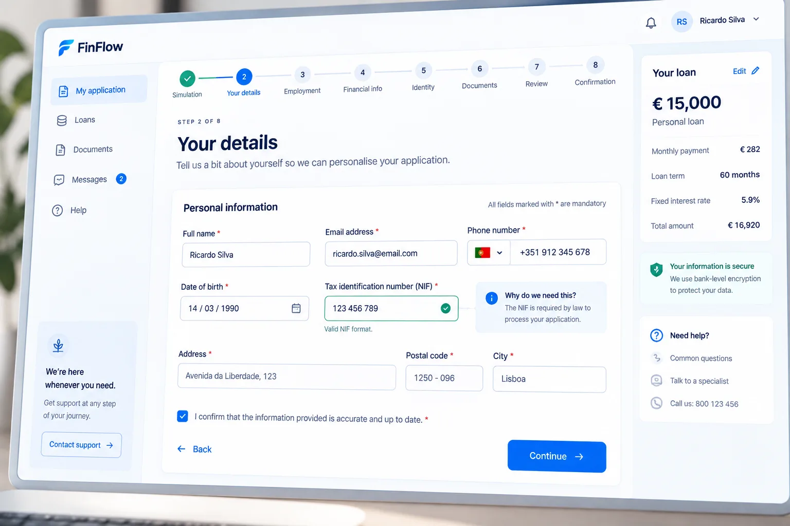 Ecrã FinFlow “Your details” com campos de dados pessoais e indicador de progresso do pedido.
