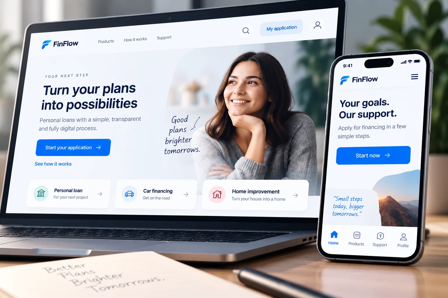 Ecossistema FinFlow: página inicial do produto num portátil e aplicação de financiamento num smartphone.