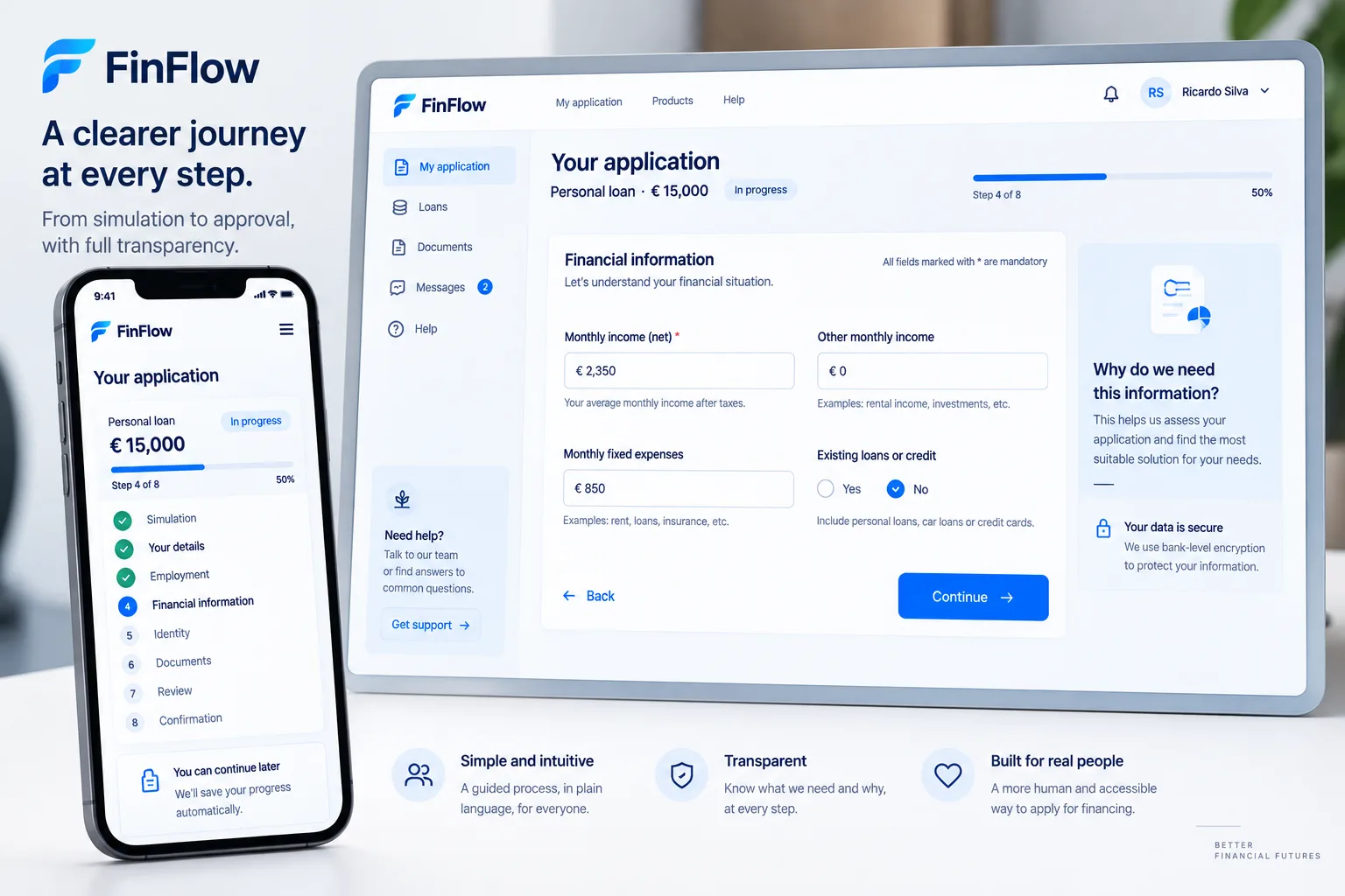Interface FinFlow em tablet e smartphone com indicador de passo 4 de 8 e campos de informação financeira.