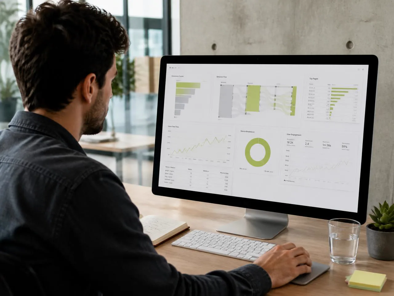 Analista de produto a rever um dashboard de comportamento, funis e conversão.